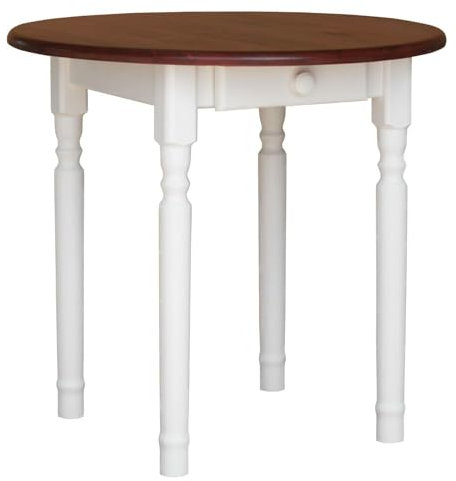 k koma Eleganter runder Kiefer Esstisch im Landhausstil – Weißer Tisch mit Calvados-farbener Tischplatte und praktischer Schublade (80 cm)