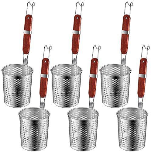 Tessco for you 6 Pcs Stainless Steel Pasta Basket with Wood Handle Pasta Strainer Kitchen Mesh Spider Noodle Strainer Skimmer Food Dumpling Noodle Blanching Basket(4.7 Inch,Red Brown)