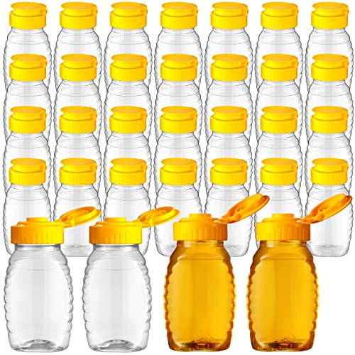 Hoolerry 32 Pieces 5 oz Clear Plastic Honey Bottles Squeeze Honey Containers Jars Empty Refillable Honey Holder with Leak Proof Flip Lid for Storing and Dispensing Food Syrup Sauce