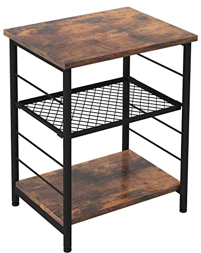 Tangkula Industrial End Table, 3-Tier Side Table with Height Adjustable Metal Mesh Shelf, Record Player Stand with Metal Frame for Turntable & Printer, for Living Room (1, Rustic Brown)