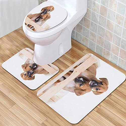 IUBBKI Badezimmermatte, rutschfeste Matte, Box, bezaubernder Welpe, Labrador, Retriever, Hund, Haustier, Welpen, Hunde, Holz, Badematten-Set, 3-teilig, saugfähig, rutschfest, Badematte, WC-Vorleger,