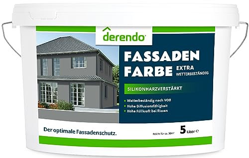 derendo Fassadenfarbe grau 5l mit EXTRA hohem Wetterschutz, matte silikonharzverstärkte Fassaden Farbe, hohe Deckkraft und gute Füllkraft bei kleinen Rissen (Betongrau 25-47)