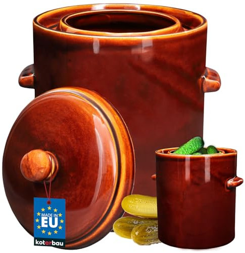 KOTARBAU® Pentola per fermentazione, 10 l, marrone in gres porcellanato con coperchio ermetico, vaso per cetriolo, cetriolo, barile in ceramica con grondaia, contenitore in gres porcellanato