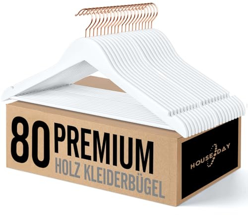 HOUSE DAY Kleiderbügel Holz Weiss Holzkleiderbügel,kleiderbügel weiß | 80er Holz kleiderbügel für Anzüge, 360° drehbarer Haken in Roségold, rutschfest, Einkerbungen im Schulterbereich