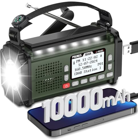 PRUNUS J-924 DAB Radio Portatile Emergenza Solare FM, Radiolina a Manovella Dinamo con Batteria da 10000 mAh, (Nero)