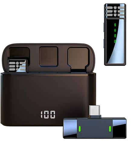 Lancoon Trådlös mikrofon med laddningsfodral, lämplig för Android-bärbar dator, klämma på slag, mikrofon, brusreducering, efterklang för intervju, videoinspelning (USB-C)