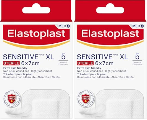 Elastoplast Sensitive XL Med+ Dressings (5 Pack), Large First Aid Plasters for Post-Operative Wounds, Skin-Friendly Sterile Dressings, 0% Latex, White