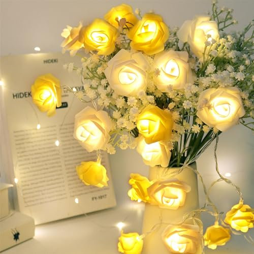 RECUTMS Rose Flower Fairy String Lights,9.8Ft 20LED Artificial Garland Battery Powered Light for Valentine's Day Wedding Mother's Day Home Garden Camping Indoor Outdoor Decorations(Yellow+White)