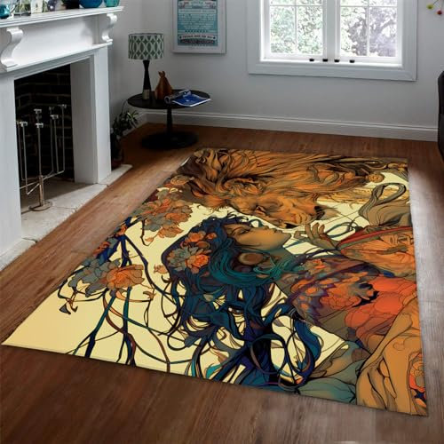 LANDERSION Cartoon Tier Große Türmatte Asiatischer Stil Teppich Löwe und Mädchen Teppich Matte Polyester Anti-Rutsch Boden Dekor Badezimmer Küche Wohnzimmer 120x170cm