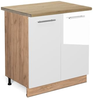 Vicco Meuble Bas sous-évier Fame-Line, Blanc Haute Brillance, 80cm | Façade en MDF · Plan de travail incl. · Pieds réglables en hauteur · Poignées en métal · Fermeture douce