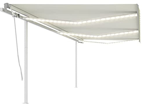 Homgoday Tenda da sole retrattile con braccio articolato a LED, tenda da sole da balcone, tenda da sole retrattile, a parete, per terrazze, 6 x 3 m, colore bianco crema