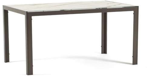 Tavolo rettangolare 150x90 cm in alluminio con top in vetro decorato per esterno e giardino o interno, cucina e sala da pranzo Milo (Struttura Tortora, Vetro effetto Marmo Bianco)