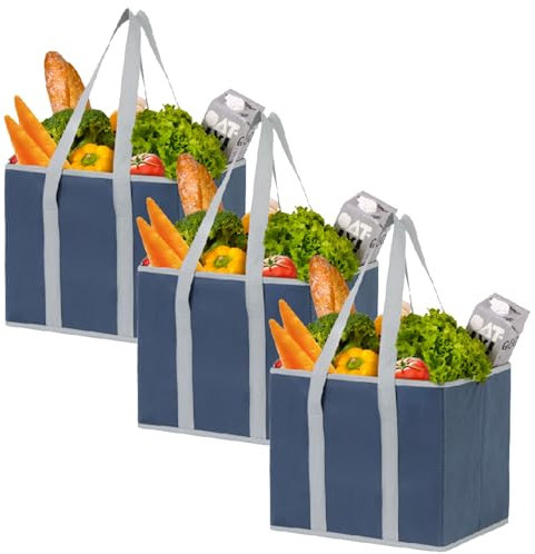 VENO Bag Borsa della Spesa Riutilizzabile, Confezione da 3, Borsa per Carrello della Spesa, Scatola di immagazzinaggio, Fondo Rigido, Pieghevole, Borsa Multiuso (Blu Scuro - Set da 3)