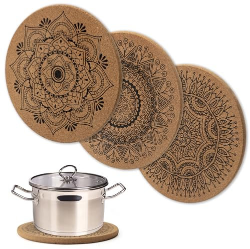 ZMDMAH 2 Stück Topfuntersetzer aus Kork mit schönen Mustern 19cm Durchmesser Korkuntersetzer rund hitzebeständig Untersetzer Topf Tischschoner Unterlage für Töpfe Gläser Schüsseln und Vasen