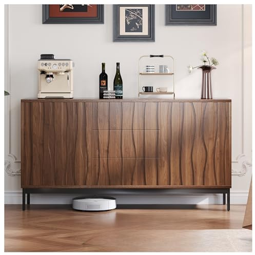 Wyibwy Aparador de roble oscuro, 3 cajones, aparador grande, aparador cocina, 150 x 40 x 80 cm, Mid Century Modern Mueble decorativo para cocina, salón, entrada, pasillo