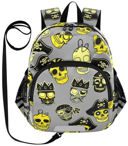 Yellow Pirate Skull Head Toddler Harness Backpack for Boys Girls 3-6 Years Kids Backpack with Anti Lost Safety Leash Baby Travel Bag for Preschool Walking Travel