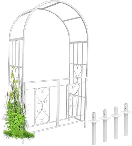 Rosenbogen mit Tür, Stabil Metall Torbogen Gartenbogen für Kletterpflanzen, Rankgitter Rosenhilfe Spalier Rankbogen mit Erdspießen für Hochzeiten, Feiern, Kletterrosen und Terrassen(Weiß)