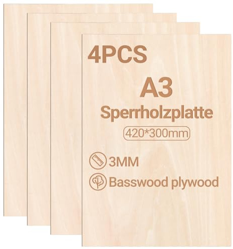 Jiubiaz Pannello di compensato 3 mm, 420 x 300 mm, 4 pezzi, taglio dopo il fai da te, legno per modellismo, taglio laser, incisione per legno, pittura a olio fai da te