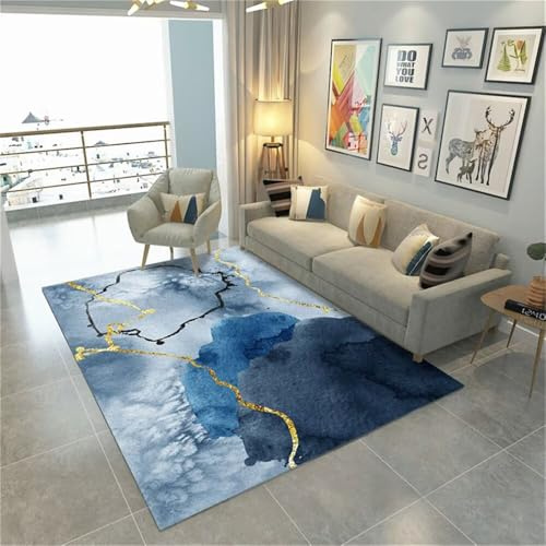 RUGMRZ Terrassen Deko Terrassenteppich Blaues Farbschema Modern waschbar Flokati Teppich Bettvorleger Schlafzimmer rutschfest 80X160CM
