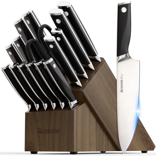 Astercook Knife Set, Kitchen Knives Set with Block and Sharpener Full Tang 17 Pcs German Stainless Steel Knives Sharp Blade Dishwasher Safe Premium Knife Set, Black Mothers Day Gifts for Women