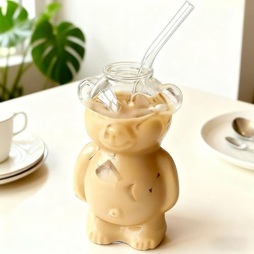 Honigbär-Strohbecher, Teddybär-Glasbecher mit Strohhalm, 325 ml, süße Tassen, Kaffee, Bier, Wein, Cocktail-Getränke, Gläser für Kaffee, Smoothie, Bier und Cocktail, mikrowellengeeignet, für Hausbar (1