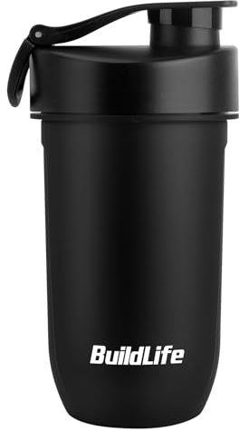 BuildLife Shaker Bottle, 600ML Tritan Protein Shaker Water Bottle, Shakes Cup with Strainer for Protein Powder Supplement Smoothie Quiet Mixing, Lump-Free Dishwasher Safe (Black)
