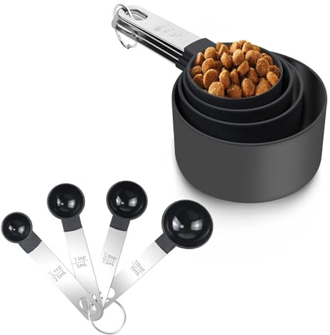 Qcdou 8 Piece Measuring Cups and Spoon Set, Plastic Cup Measurements Set with Stainless Steel Handle, for Liquids and Solids, Cooking Kitchen Baking Essentials (Black)