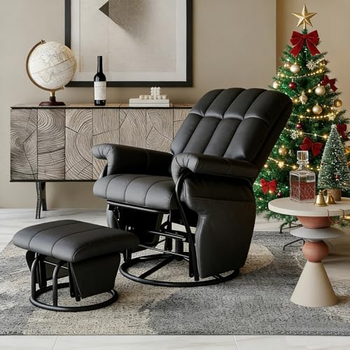 AODAILIHB 360° Swivel Glider Recliner with Ottoman, Nursing Glider Rocking Chair with Foot Rest & 2 Side Pockets for Nursery, Living Room, Bedroom, Office, Black