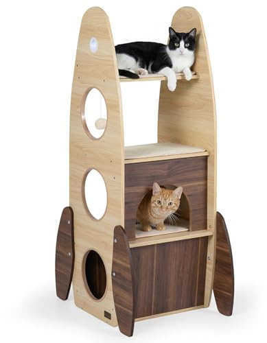 COSTWAY Árbol Rascador para Gatos en Forma de Cohete, Torre para Gatos de Madera con Condominio de 2 Plantas, Percha Superior, Rascador de Sisal, Plataforma Acolchada, Bola Colgante, Natural y Blanco