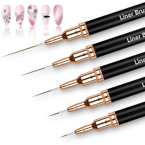 AOOHA Pinceaux pour Nail Art, 5Pcs Pinceaux Liner Ultra Fin, 4/8/12/20/25 mm, pour les Lignes Longues, Détails Fins, pour Gel, Peinture Acrylique, UV Construction, Nail Art Line