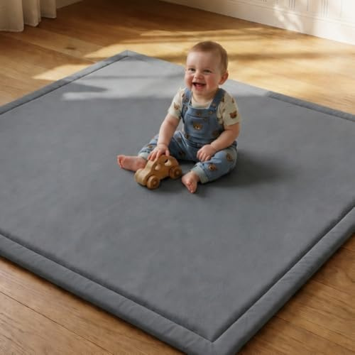 CASABEL Baby-Spielmatte aus Samt, dick und weich, 120x120cm, Grau | 2,5 cm dick, komfortabler Schaum, rutschfeste Unterseite, leicht zu reinigen, ideal zum Spielen und Krabbeln, Babyzimmer