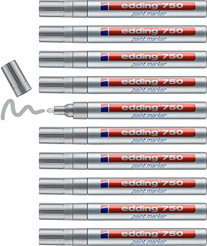 edding 750 lackmarkörer – silver – 10 pennor – rund spets 2–4 mm – färgpenna för märkning och märkning av metall, glas, sten eller plast – värmebeständig, permanent, tork- och vattentät