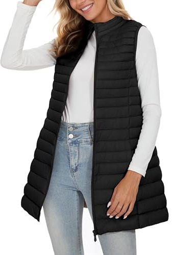 ELFJOY Long Puffer Vest Women Winter Ultra Light Long Down Vest with Stand Collar Black Womens Vests Outerwear