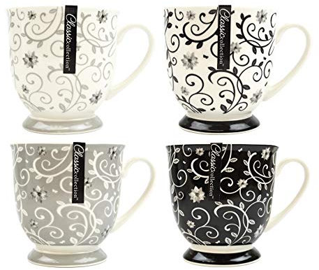 YöL Set of 4 Coffee Mugs Tea Cups Floral Swirl Grey Black White New Bone China Large 400ml