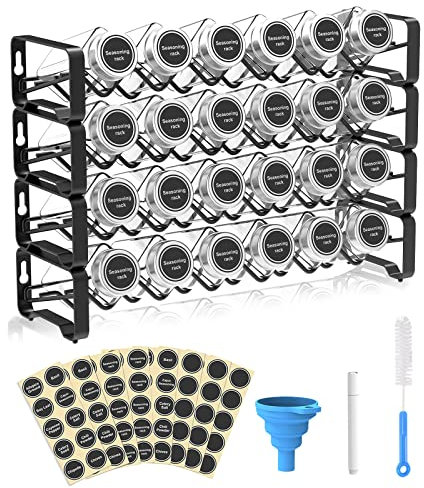Spice Rack Organizer with 24 Empty Square Spice Jars, Spice Labels with Chalk Marker and Funnel Complete Set, for Countertop, Cabinet or Wall Mount