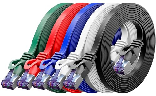 deleyCON 5x 0,5m Cable Red Plano CAT7 (CAT 7 con 10 Gbit/s) Gigabit LAN - RJ45 Ethernet Patch Corto Plano - para Internet Switch Router Modem Patchpanel - Multicolor