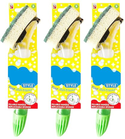 3 x Fillable Washing Up Brush, Soap Dispensing, Colour and Design May Vary | Replaceable Heavy Duty Scourer Sponge Head, Dish Cleaning Handle, for Pots, Pans, Plates, Kitchen Cleaning