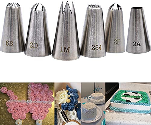 Lbaixjj Cake Decorating Icing Piping Tip Set, 6 Pcs Stainless Steel, 1M Open Star, 2A Round, 2D Drop Flower, 2F Close Star, 6B French Star, 234 Grass