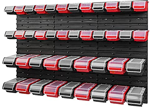 PAFEN Stapelbox Wandregal 1158 x 780 mm - Lagersystem 42 Stück Boxen mit Deckel - Lagerregal Sichtlagerkästen Schüttenregal, Schwarz/Rot