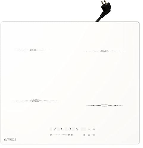 COVERCOOK Stecker und Induktionskochfeld 60 cm, Autark, 4 Zonen, Induktionsfeld mit Touch Control, Glaskeramik, Weiß, Power Booster, 4 Platten, 9 Leistungsstufen 2800W