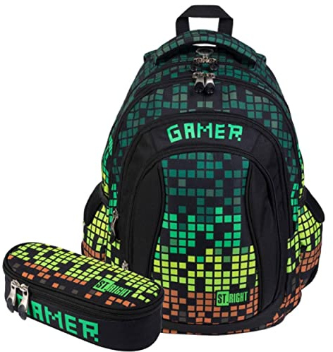 ST.Right Schulrucksack Set Pixel, Rucksack & Mäppchen Jungen, 2-teilig groß ergonomisch