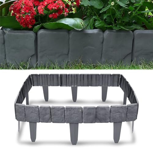 YUENFONG Bordo per prato, effetto pietra, in plastica, 10 pezzi, bordatura per aiuole, bordo per giardino, palizzata, recinzione da giardino, 2,5 m, antracite