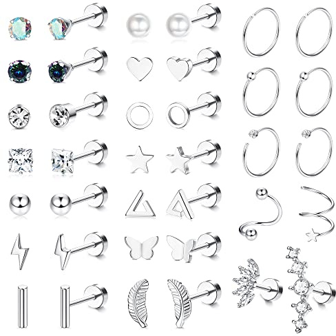 JeweBella 19Pairs Kleine Ohrstecker Damen Set Chirurgenstahl Knorpel Helix Ohrringe Hypoallergen Stern Mond Flatback Ohrringe Zirkonia Creolen Piercing Ohrstecker für Mädchen Herren