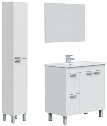 HOMN LIVING Mueble de Baño Adam con 2 cajones 2 Puertas, Espejo, Columna 2 Puertas y Lavabo PMMA, Acabado en Blanco Brillo, 80 cm (Ancho) x 45 cm (Fondo) x 80 cm (Alto)
