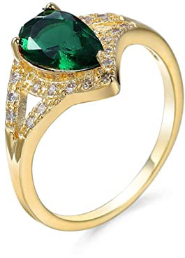 Bishilin Ringe Damen Vergoldet, Ring Personalisiert Tropfen mit Grün Zirkonia Ring Verlobung und Hochzeit Gold Größe 57 (18.1)