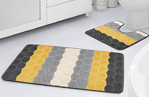La Maison Bathroom Rug Set - 2 Piece Hex Stripe Ombre Non Slip Bath & Pedestal Mat Quick Dry Shower Bath Super Soft Toilet Mat Set - Ochre