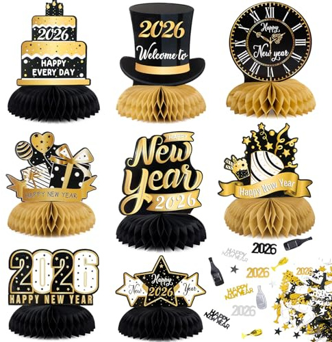 COLOFALLA 8 Stück Neujahr Deko 2026 Silvester Deko mit Neujahr Konfetti Neujahr Tischdeko Wabendekoration Neu Jahr Party Happy New Year Decoration Silvesterdeko Dekoration