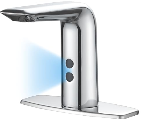 Bathfinesse Touchless Bathroom Sink Faucet Hands-Free, Battery or Plug-in Powered, Commercial Auto Motion Sensor Faucet, AC/DC Powered, Temperature Mixing Valve, Brass, Polishe Chrome