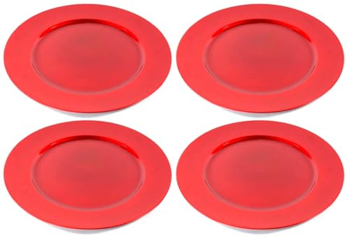 Acan Tradineur Lot de 4 assiettes rondes en plastique réutilisable, plateau plat décoratif, plateau de présentation de bonbons de Noël, nougat, gâteaux (rouge, Ø 33 cm)