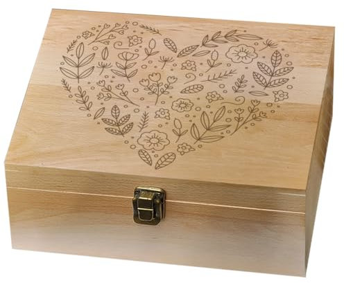 arricraft 1 Pcs Wooden Memory Keepsake Box, 24.5x19.5x10.3cm Gifts Christmas Heart Plants Love Storage Decorative Memory Wooden Box with Hinge Lids for Photos DVDs Letters Holding